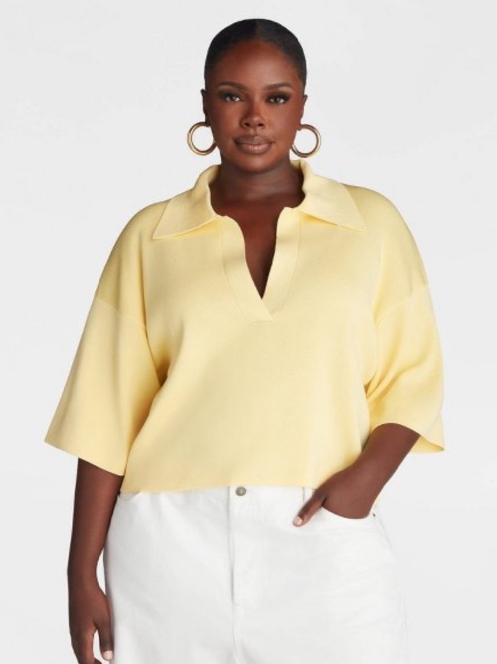 Short Sleeve Boxy 'The Cropped Polo Sweater' - Yellow L
